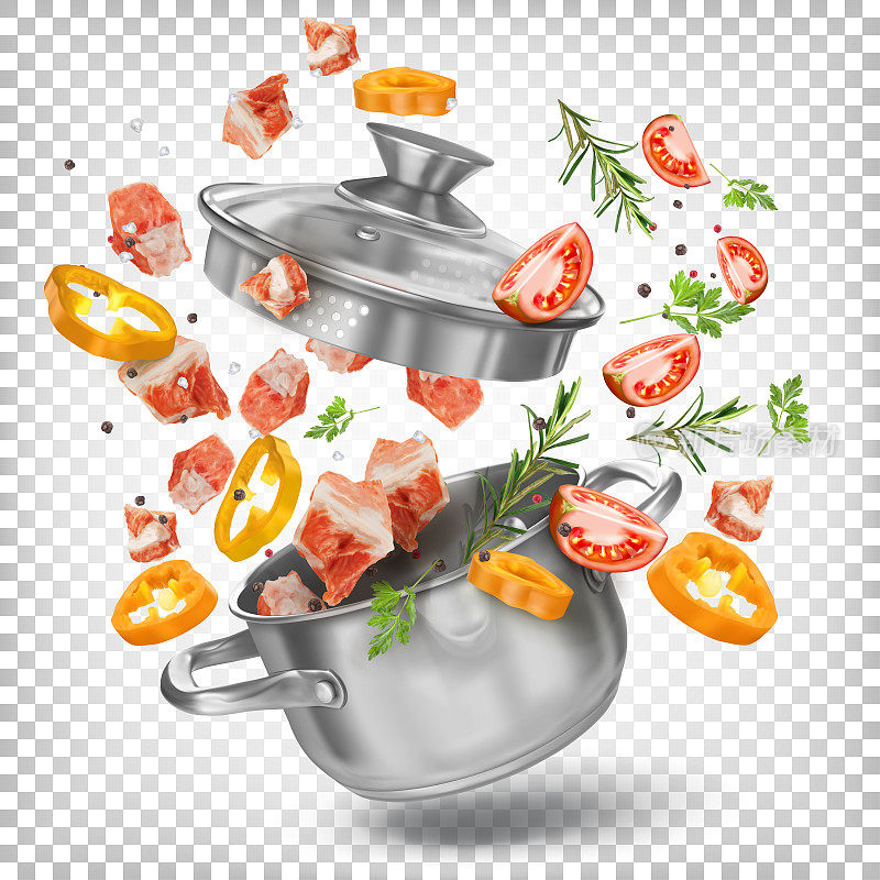 猪肉、西红柿、黄甜椒飞进带盖的锅里。汤、炖菜的配料。向量3 d演示。健康食品，烹饪食谱。